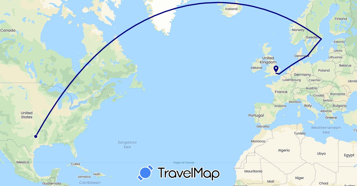 TravelMap itinerary: driving in Denmark, United Kingdom, Sweden, United States (Europe, North America)